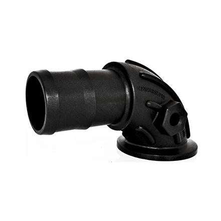 Black plastic 90-degree elbow hose adapter with a flanged base and ribbed connector for secure plumbing installation.