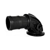 Black plastic 90-degree elbow hose adapter with a flanged base and ribbed connector for secure plumbing installation.