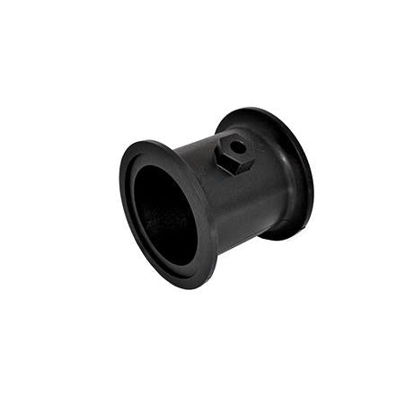Black M220CPG cylindrical plastic pipe fitting with a flanged end and a small hexagonal threaded port.