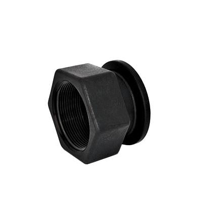 Black M220FPT threaded hexagonal nut fitting with a circular flange base, isolated on a white background.