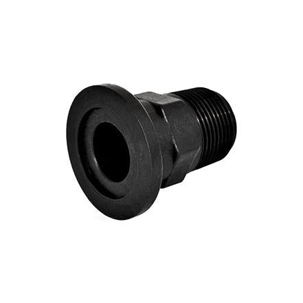 Black M220MPT threaded plastic bulkhead fitting with a wide flange and hexagonal nut section.