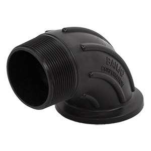 Black Banjo Corporation 90-degree threaded elbow pipe fitting made of durable reinforced polypropylene.