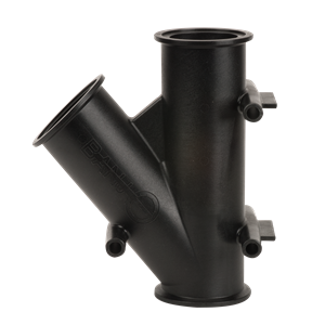 Black M220Y45 (B) Y-shaped plastic pipe fitting with flanged ends and integrated mounting tabs on a white background.