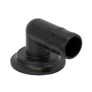 Black plastic 90-degree elbow hose fitting with a circular mounting flange base.