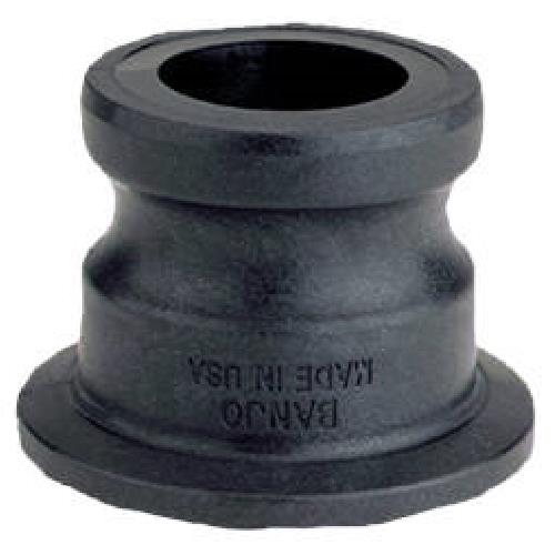 Black polypropylene Banjo M300A cam lever adapter with a flanged base and threaded top connection.