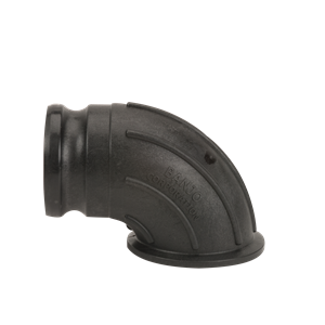 Black Banjo Corporation 90-degree elbow pipe fitting made of durable reinforced polypropylene.