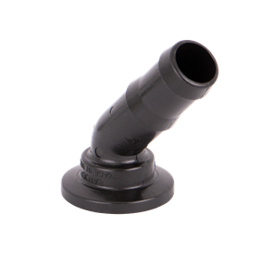 Black plastic 45-degree angled hose barb fitting with a circular mounting flange base.
