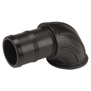 Black Banjo Corporation 90-degree elbow pipe fitting with a ribbed hose barb connection made of durable plastic.
