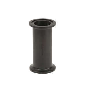 Black cylindrical M300CPG7 plastic pipe fitting with flanged ends for secure industrial connection.