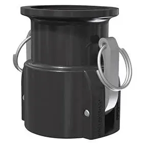Black M300D camlock coupling with two silver metal locking levers and pull rings on a cylindrical body.