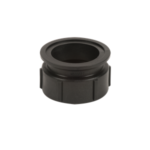 Black M300FPT plastic pipe fitting with a flanged top and ribbed exterior for secure grip and installation.