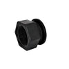 Black M300FPT threaded hexagonal nut fitting with a circular flange base, made of durable industrial plastic.