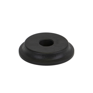 Black circular M300PLG100 threaded plastic base component with a flat, stepped design on a white background.
