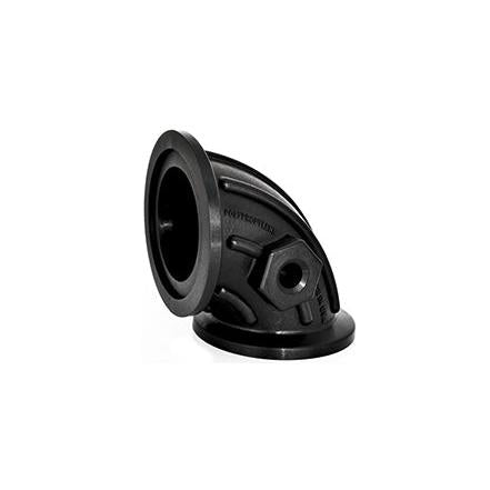 Black polypropylene 90-degree flanged elbow pipe fitting with a reinforced ribbed design and threaded side port.