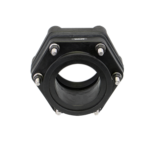 Black MBF300BD industrial flange coupling with a hexagonal frame and six silver metal bolts on a white background.