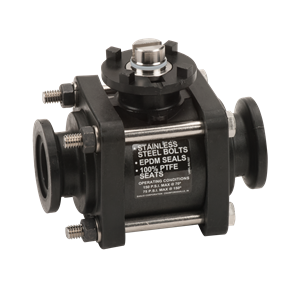 MEV100XR1 black industrial ball valve with stainless steel bolts, EPDM seals, and PTFE seats on a white background.