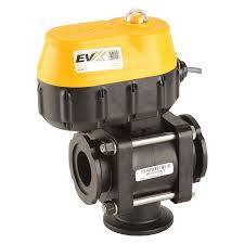 MEVX200BL electric ball valve with a yellow top housing, black body, and metal mounting bolts on a white background.