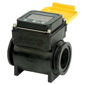 Banjo MFM220 black plastic flow meter with a digital display and a bright yellow protective flip cover.
