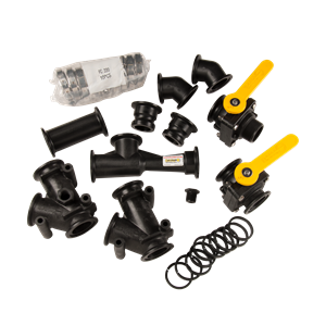 MIS220AAK black plastic irrigation fittings kit with two yellow-handled ball valves, connectors, clamps, and O-rings.