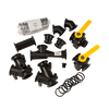 MIS220AAK black plastic irrigation fittings kit with two yellow-handled ball valves, connectors, clamps, and O-rings.