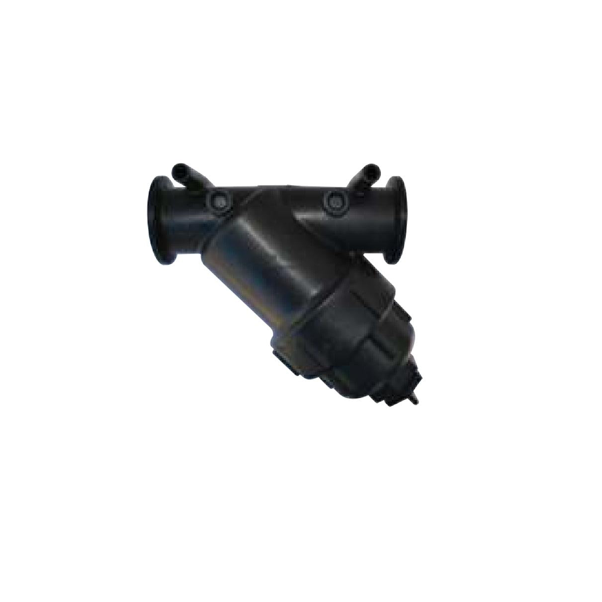 Black plastic Y-strainer filter with flanged ends for industrial fluid filtration systems.