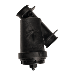 Black plastic Y-strainer filter housing with threaded ports for industrial fluid filtration systems.