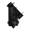 Black plastic Y-strainer filter housing with threaded ports for industrial fluid filtration systems.