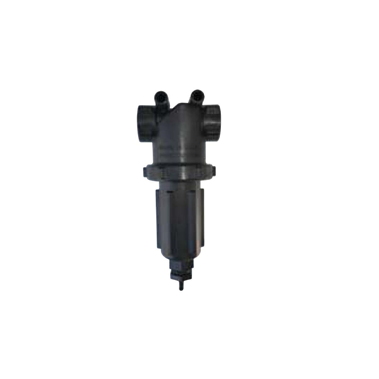 Black plastic MLST10050 irrigation filter with a threaded inlet and outlet for water filtration systems.