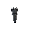 Black plastic MLST10050 irrigation filter with a threaded inlet and outlet for water filtration systems.