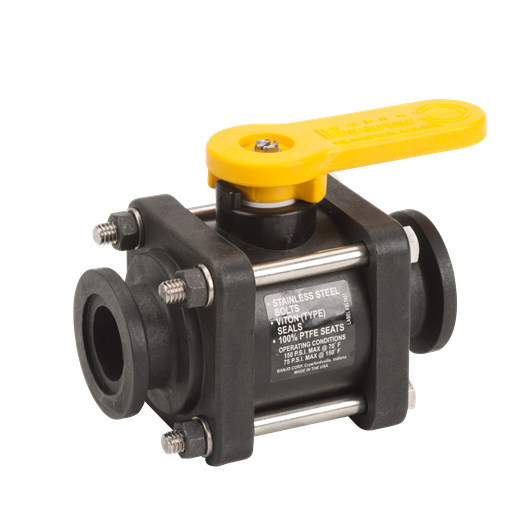 MV100CF black polypropylene ball valve with a yellow handle, stainless steel bolts, and Viton seals on a white background.