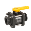 MV100CF black polypropylene ball valve with a yellow handle, stainless steel bolts, and Viton seals on a white background.