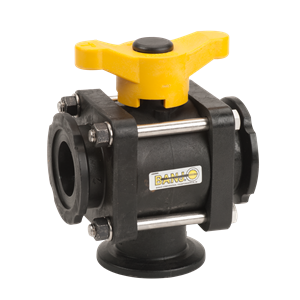 Banjo MV200BL black polypropylene three-way ball valve with a yellow handle and stainless steel hardware.