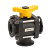 Banjo MV200BL black polypropylene three-way ball valve with a yellow handle and stainless steel hardware.