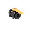 MV200CF black plastic ball valve with a yellow lever handle and stainless steel bolt hardware on a white background.