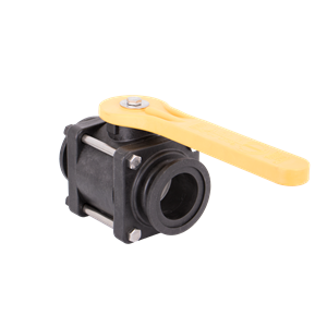 Black plastic industrial ball valve with a bright yellow handle and stainless steel bolt fasteners on a white background.