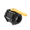 MV300CF black plastic ball valve with a bright yellow handle and stainless steel bolt hardware.