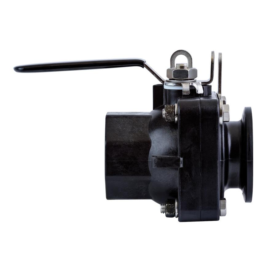 Black plastic MVS204HSFP ball valve with a long metal handle and stainless steel hardware on a white background.