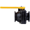 MVS220CF (G) black plastic flanged ball valve with a bright yellow manual lever handle on a white background.