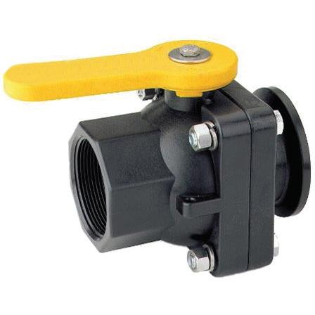 Black plastic MVS220FP ball valve with a bright yellow lever handle and stainless steel bolt assembly.