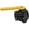 MVS300CFFP black plastic ball valve with a bright yellow lever handle and stainless steel bolts.