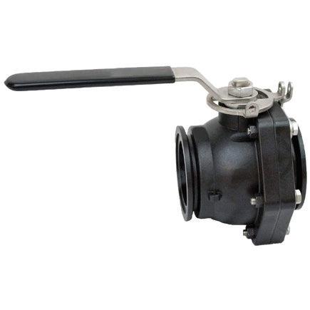 MVS300HSFP black polypropylene ball valve with stainless steel hardware and a long black lever handle.
