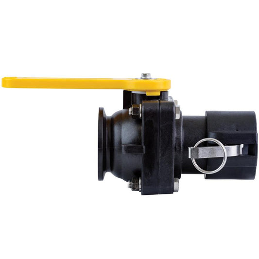 Black plastic ball valve with a bright yellow handle and metal locking pin, side view isolated on white background.