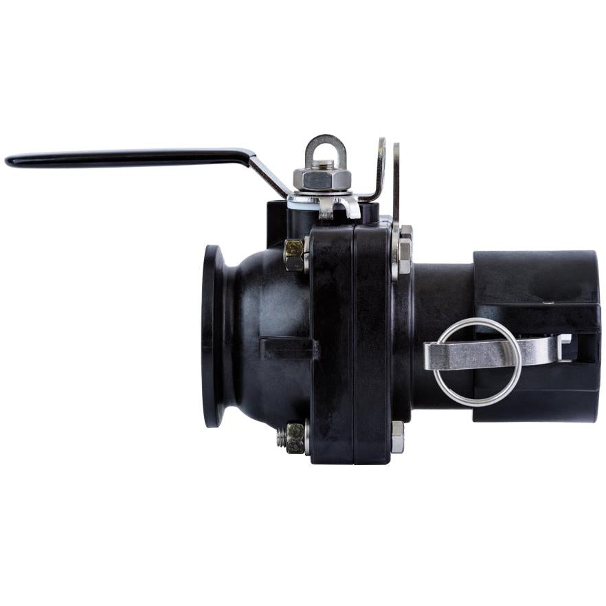 Black polypropylene ball valve with a stainless steel handle, locking mechanism, and camlock adapter fitting.