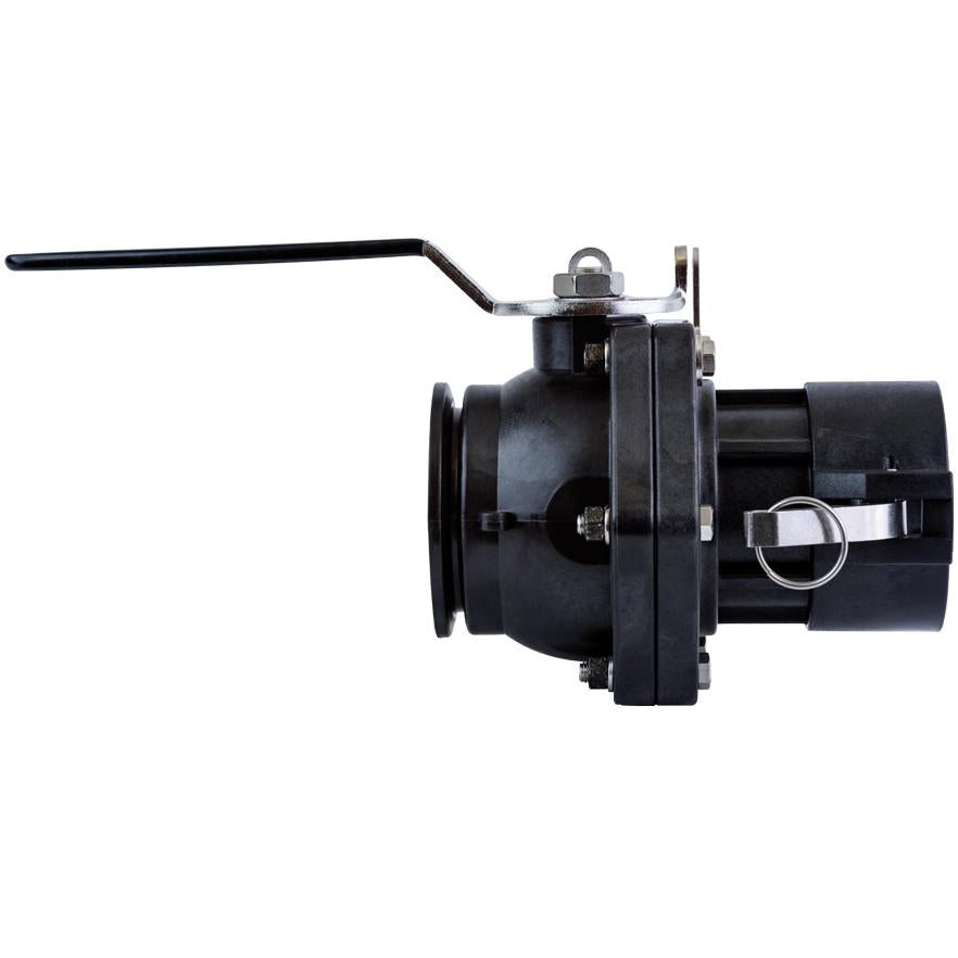 Black plastic 3-inch ball valve with a metal handle, locking mechanism, and camlock coupling for industrial fluid control.