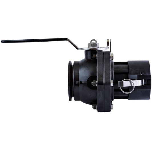 Black plastic 3-inch ball valve with a metal handle, locking mechanism, and camlock coupling for industrial fluid control.