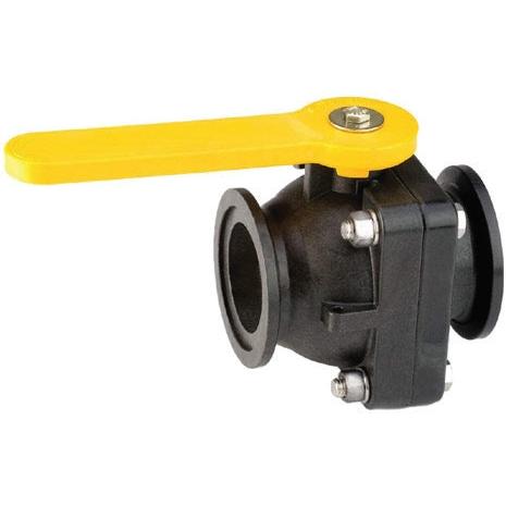 Black plastic flanged ball valve with a bright yellow manual lever handle and stainless steel bolts.