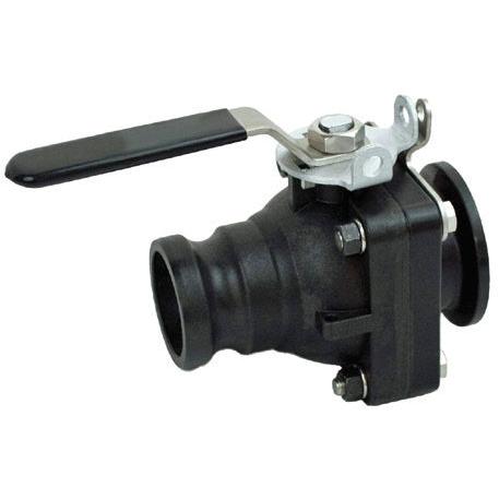 Black polypropylene flanged ball valve with a stainless steel handle and bolt hardware for industrial plumbing systems.