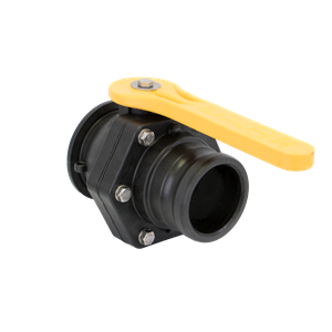 Black plastic MVSF300 ball valve with a bright yellow handle and stainless steel bolt assembly on a white background.