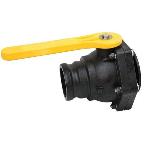Black plastic MVSF300FP ball valve with a bright yellow lever handle and stainless steel hardware.