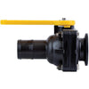 Black plastic ball valve with a yellow lever handle, featuring a barbed hose connection and a flanged end fitting.